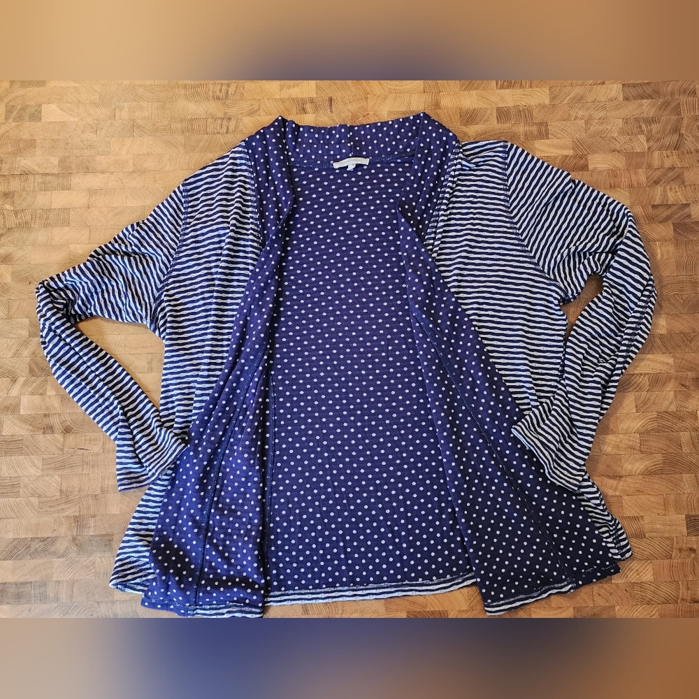 41 Hawthorn Cardigan Plus Size 2X blue/white stripe with polka dot lining